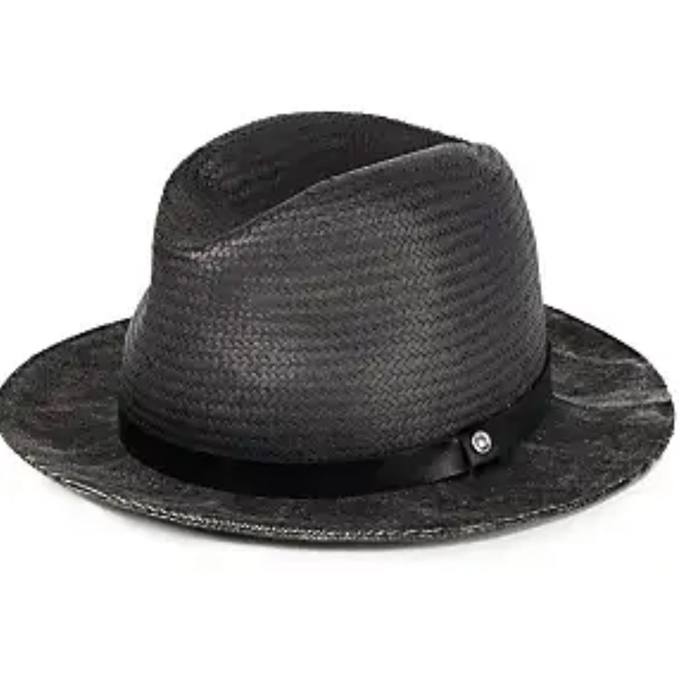 Rag & Bone Playa Canvas Brim Black Floppy Straw Fedora Hat Women medium *
